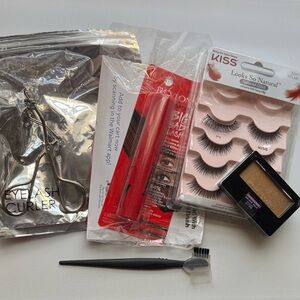 Eyes Bundle: (4) Pairs of Eyelashes Set,  Curler, Mascara, Eyeshadow and Brush